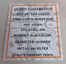 Load image into Gallery viewer, 2007 £2 ACT OF THE UNION SILVER PROOF PIEDFORT TWO POUND COIN BOXED
