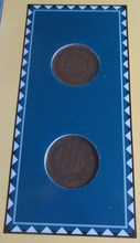 Load image into Gallery viewer, INDIAN HEAD PENNIES ISSUED 1881 &amp; 1882 WITH POSTAGE STAMPS ON ALBUM INFO SHEET
