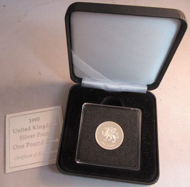 1995 WELSH DRAGON SILVER PROOF £1 ONE POUND COIN BOX & COA