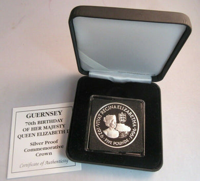 1996 QUEEN ELIZABETH II 70TH BIRTHDAY GUERNSEY SILVER PROOF £5 COIN BOX & COA