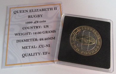 1999 QUEEN ELIZABETH II RUGBY TWO POUND COIN £2 EF+ WITH COA