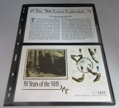 1998 50th ANNIVERSARY OF NHS SILK FIRST DAY COVER INFORMATION CARD ALBUM SHEET