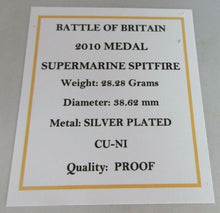 Load image into Gallery viewer, 2010 BATTLE OF BRITAIN SUPERMARINE SPITFIRE SILVER PLATED PROOF MEDAL COA &amp; BOX

