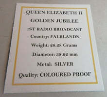 Load image into Gallery viewer, 2002 QEII GOLDEN JUBILEE 1ST RADIO BROADCAST PROOF 50P CROWN SILVER COLOUR BOXED
