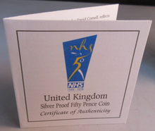 Load image into Gallery viewer, 1998 QEII NHS 50th ANNIVERSARY SILVER PROOF 50p FIFTY PENCE BOX &amp; COA
