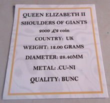 Load image into Gallery viewer, 2009 SHOULDERS OF GIANTS QEII BUNC £2 TWO POUND COIN WITH QUAD CAPSULE &amp; COA
