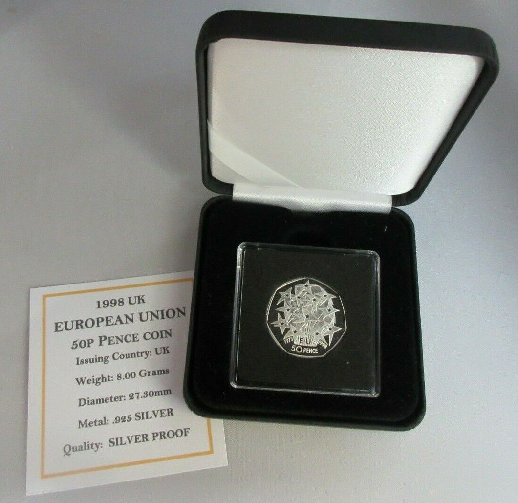 1998 EUROPEAN UNION QUEEN ELIZABETH II SILVER PROOF 50p FIFTY PENCE BOX & COA