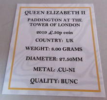 Load image into Gallery viewer, 2019 PADDINGTON TOWER OF LONDON QEII BUNC 50P FIFTY PENCE COIN QUAD CAP &amp; COA
