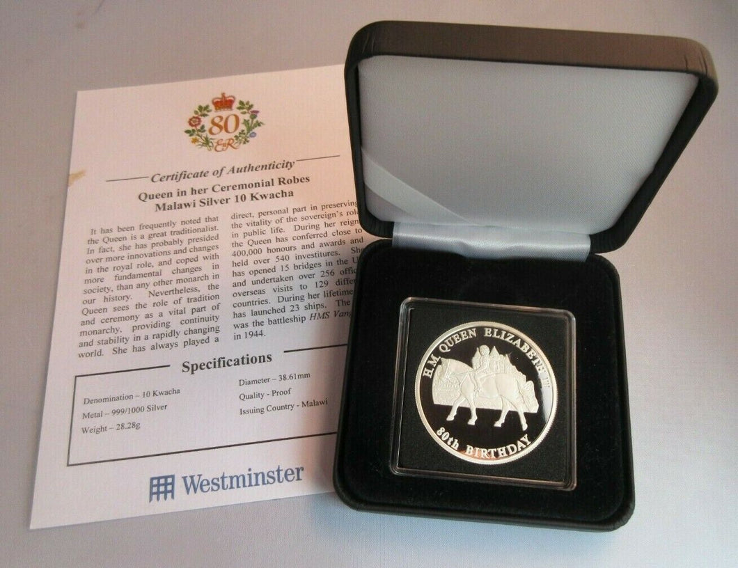 QEII 80th BIRTHDAY - 2008 .999 SILVER PROOF MALAWI 10 KWACHA COIN BOX & COA