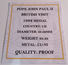 Load image into Gallery viewer, 1982 POPE JOHN PAUL II BRITISH VISIT PROOF MEDAL WITH BOX &amp; COA
