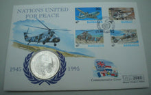 Load image into Gallery viewer, 1995 NATIONS UNITED FOR PEACE BARBADOS 5 DOLLAR COMMEMORATIVE COIN COVER PNC COA
