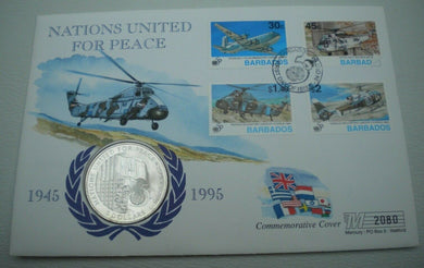 1995 NATIONS UNITED FOR PEACE BARBADOS 5 DOLLAR COMMEMORATIVE COIN COVER PNC COA