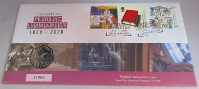 1850-2000 150 YEARS OF PUBLIC LIBRARIES BUNC 2000 50 PENCE COIN COVER PNC