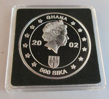 Load image into Gallery viewer, 2002 QUEEN ELIZABETH II GOLDEN JUBILEE SILVER PROOF GHANA 500 SIKA COIN BOX &amp;COA
