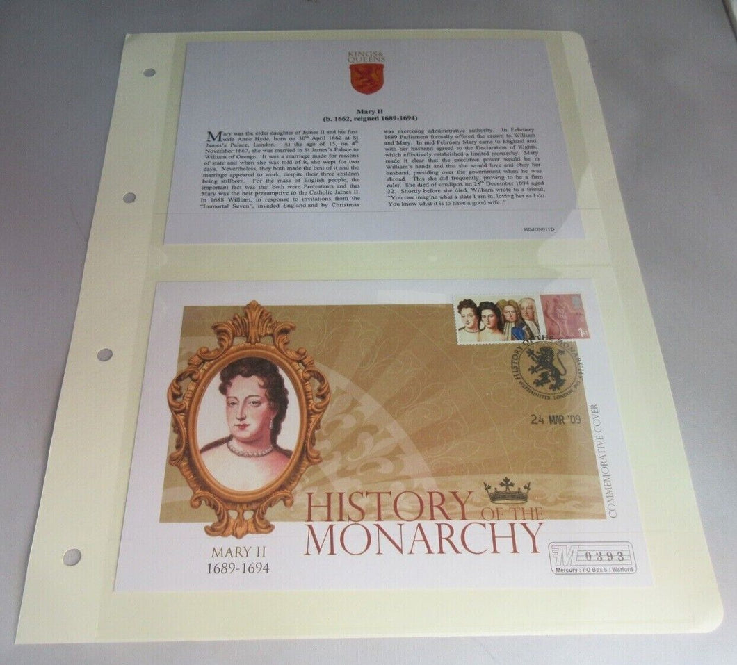 MARY II REIGN 1689-1694 COMMEMORATIVE COVER INFORMATION CARD & ALBUM SHEET