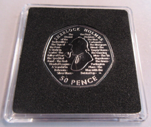 Load image into Gallery viewer, 2019 SHERLOCK HOLMES QEII BUNC 50P FIFTY PENCE COIN WITH QUAD CAPSULE &amp; COA
