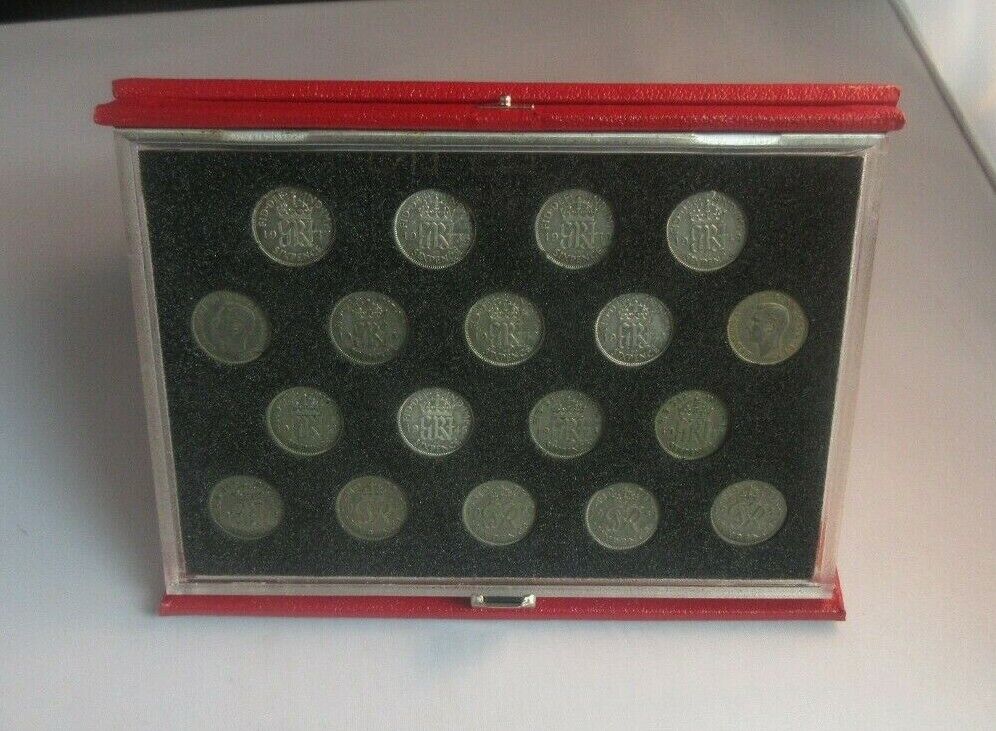 1937-1952 KING GEORGE VI BARE HEAD SILVER SIXPENCE 18 COIN COLLECTION BOXED