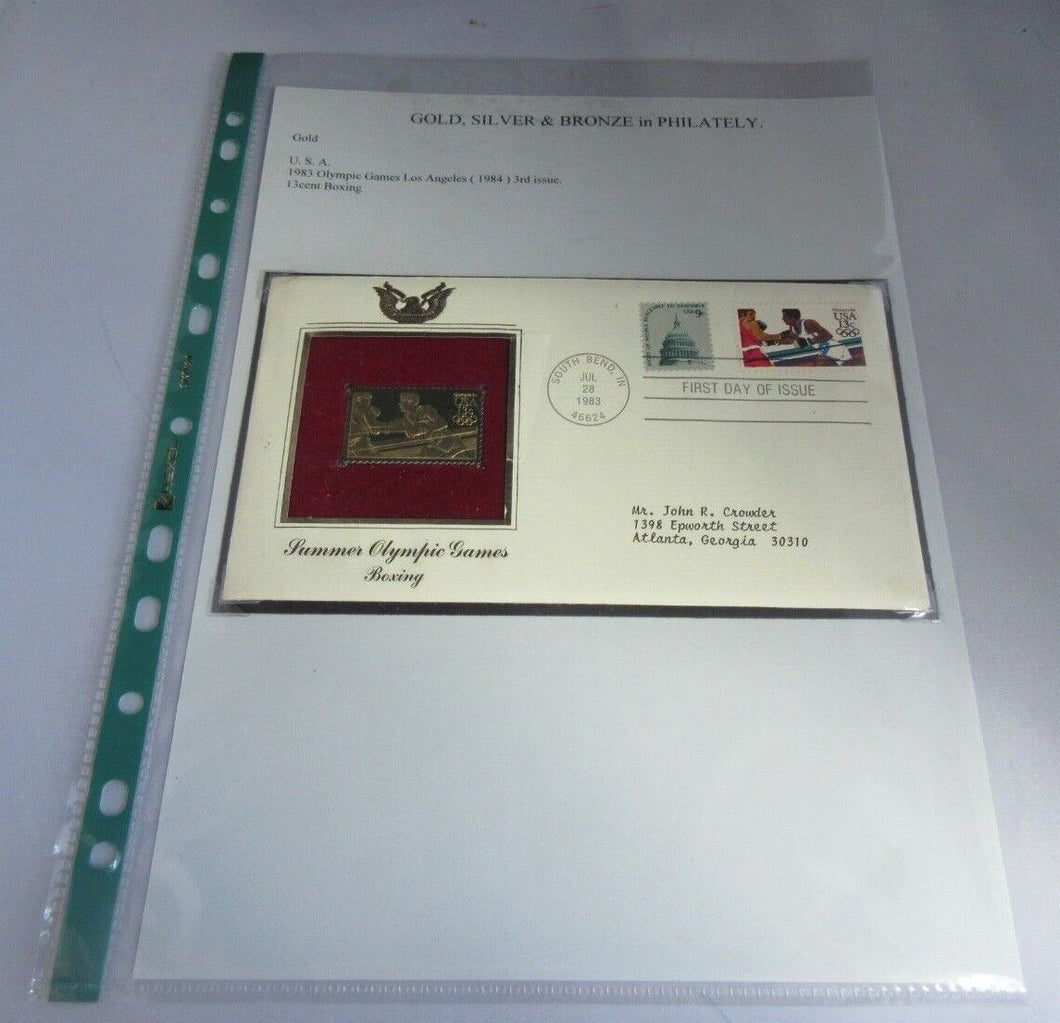 1983 USA SUMMER OLYMPIC GAMES BOXING GOLD PLATED 13C STAMP COVER FDC