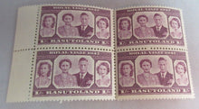 Load image into Gallery viewer, 1947 BASUTOLAND ROYAL VISIT STAMPS EDGE BLOCK OF 4 1/- STAMPS IN STAMP HOLDER
