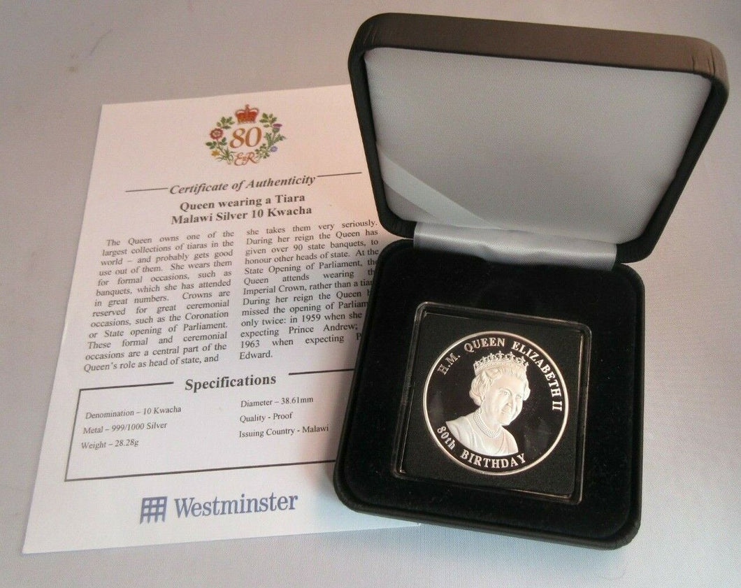 QEII 80th BIRTHDAY - 2006 .999 SILVER PROOF MALAWI 10 KWACHA COIN BOX & COA