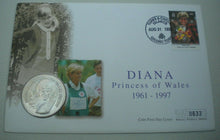 Load image into Gallery viewer, 1998 DIANA PRINCESS OF WALES 1961-1997 BUNC 5 CROWN  COIN PNC STAMP &amp; POSTMARK
