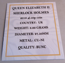 Load image into Gallery viewer, 2019 SHERLOCK HOLMES QEII BUNC 50P FIFTY PENCE COIN WITH QUAD CAPSULE &amp; COA
