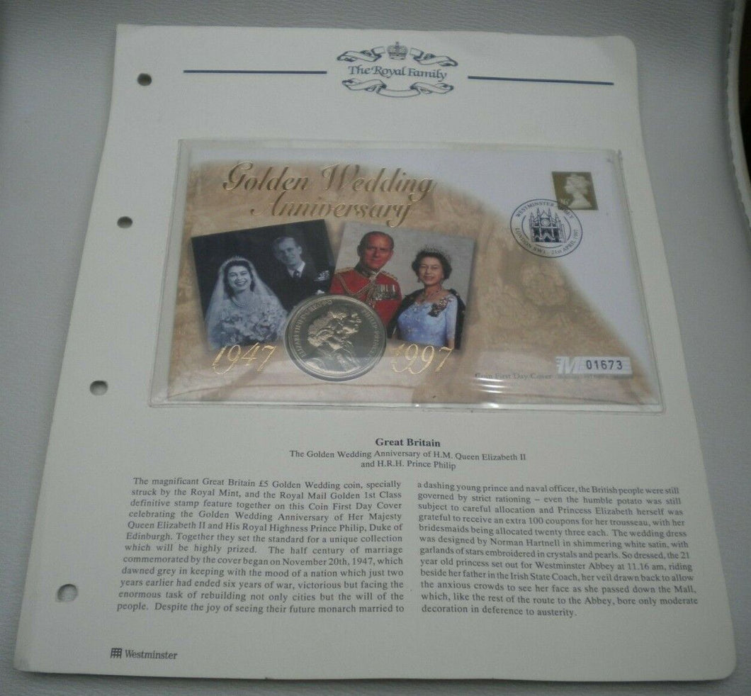 1947-1997 GOLDEN WEDDING ANNIVERSARY, £5 CROWN COIN FIRST DAY COVER PNC & INFO