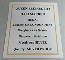 Load image into Gallery viewer, 1558-1603 QUEEN ELIZABETH I HALLMARKED SILVER PROOF MEDAL BOXED WITH COA
