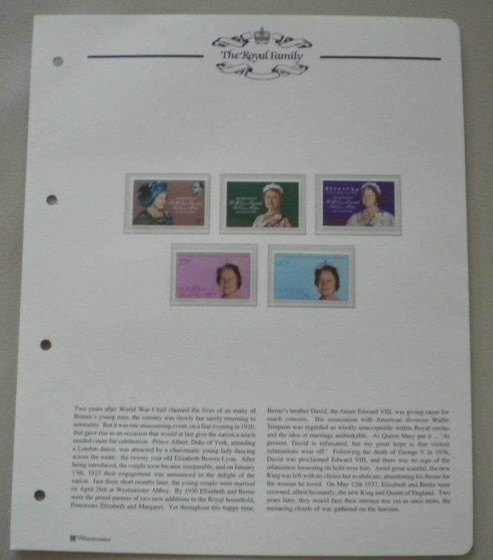 1980 HM QUEEN ELIZABETH THE QUEEN MOTHER'S 80TH BIRTHDAY 5 MNH STAMPS/INFO SHEET