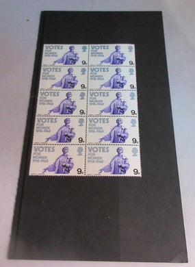 1968 VOTES FOR WOMEN 9d BLOCK 10 X STAMPS MNH WITH CLEAR FRONTED STAMP HOLDER