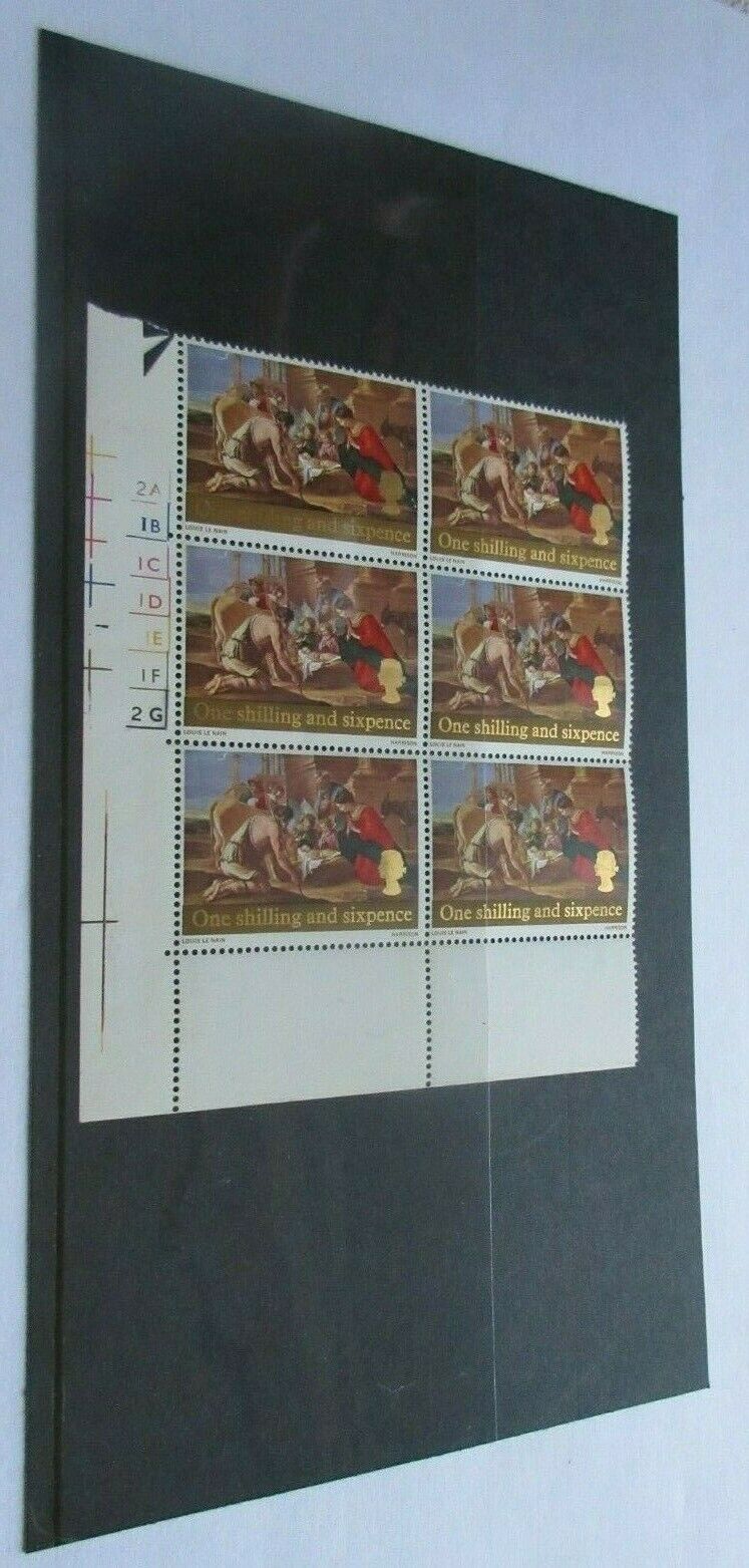 1967 NATIVITY LOUIS LE NAIN BLOCK OF SIX ONE SHILLING & SIXPENCE STAMPS MNH