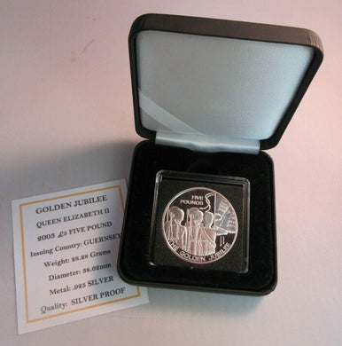 2003 QUEEN ELIZABETH II GOLDEN JUBILEE GUERNSEY SILVER PROOF £5 COIN BOX & COA