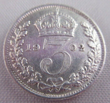 Load image into Gallery viewer, 1902 KING EDWARD VII BARE HEAD .925 SILVER aUNC 3d THREE PENCE COIN &amp; CLEAR FLIP
