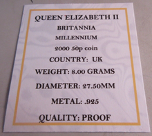 Load image into Gallery viewer, 2000 BRITANNIA QEII SILVER PROOF 50P FIFTY PENCE COIN CAPSULE BOX &amp; COA - RARE
