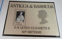 Load image into Gallery viewer, 1986 QUEEN ELIZABETH II 60TH BIRTHDAY ANTIGUA &amp; BARBUDA STAMPS &amp; ALBUM SHEET
