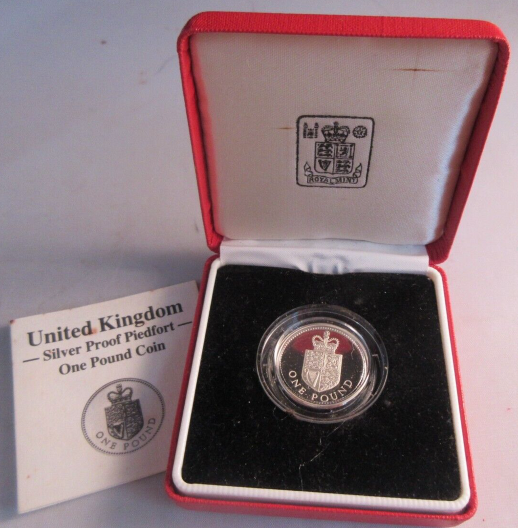 1988 UK £1 THE ROYAL ARMS ONE POUND COIN PIEDFORT SILVER PROOF BOX & COA