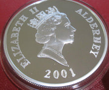 Load image into Gallery viewer, 2001 ALDENEY £5 FIVE Pounds Silver Proof Crown QUEENS 75TH BIRTHDAY BOX/COA Cc1
