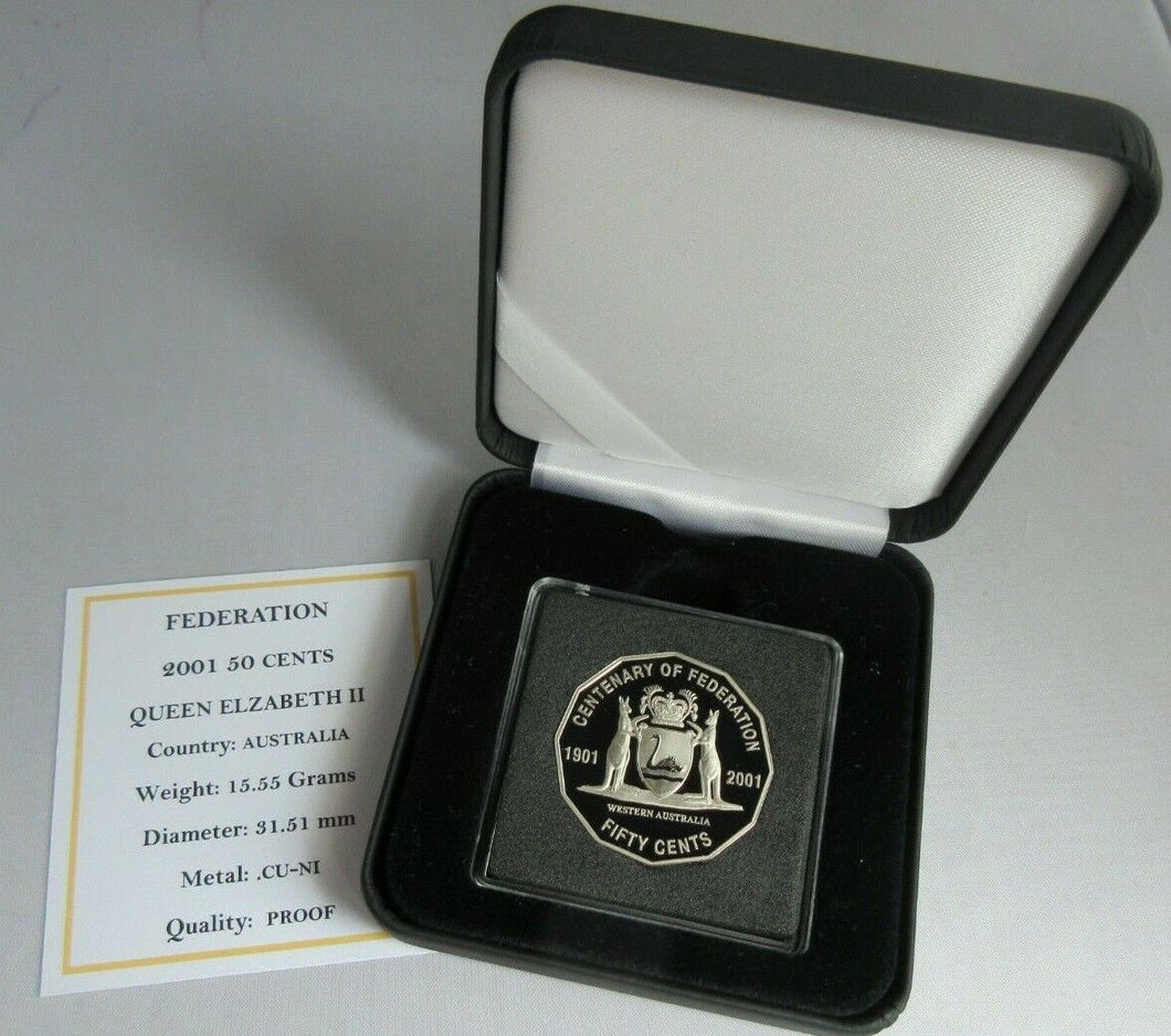 2001 QUEEN ELIZABETH II CENTENARY OF FEDERATION AUSTRALIA PROOF 50 CENTS BOX&COA