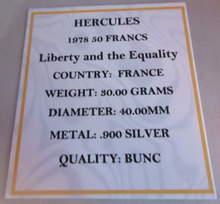 Load image into Gallery viewer, 1978 HERCULES LIBERTY AND THE EQUALITY SILVER BUNC 50 FRANCS BOXED WITH COA
