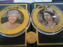 Load image into Gallery viewer, COOK ISLANDS 2012 &amp;2013 $5 DIAMOND JUBILEE 65mm GOLD PLATED COINS BOX/COA
