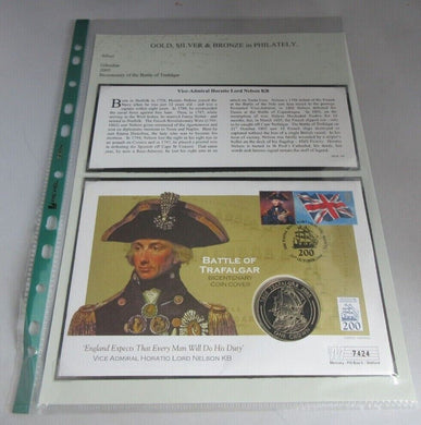 1805-2005 TRAFALGAR HORATION LORD NELSON 2005 PROOF 1 CROWN COIN COVER PNC
