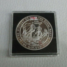 Load image into Gallery viewer, 2003 HISTORY OF THE ROYAL NAVY GOLDEN HIND SILVER PROOF £5 COIN ROYAL MINT A1

