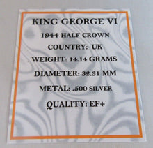 Load image into Gallery viewer, 1944 KING GEORGE VI BARE HEAD EF+ .500 SILVER HALF CROWN COIN BOXED WITH COA
