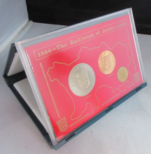 Load image into Gallery viewer, 1966 QUEEN ELIZABETH II BAILIWICK OF JERSEY 3 COIN SET  IN ROYAL MINT BLUE BOOK
