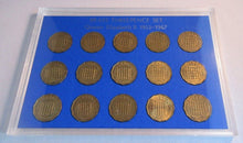 Load image into Gallery viewer, 1953-1967 QUEEN ELIZABETH II BRASS THREEPENCE 3d 15 COIN SET IN R/MINT BLUE BOOK
