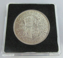 Load image into Gallery viewer, 1940 KING GEORGE VI BARE HEAD .500 SILVER aUNC HALF CROWN IN QUADRANT CAPSULE
