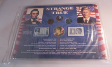 Load image into Gallery viewer, LINCOLN KENNEDY STRANGE BUT TRUE 4 COIN SET WITH STAMPS ON CARD IN SEALED PACK
