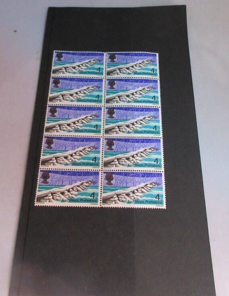 1968 TARR STEPS PREHISTORIC 4d BLOCK OF 10 STAMPS MNH INCLUDES STAMP HOLDER