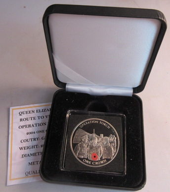 2004 QEII OPERATION TORCH PROOF GIBRALTAR 1 CROWN COIN BOX & COA