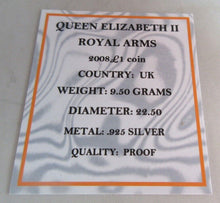 Load image into Gallery viewer, 2008 £1 QUEEN ELIZABETH II ROYAL ARMS SILVER PROOF ONE POUND COIN WITH BOX &amp; COA
